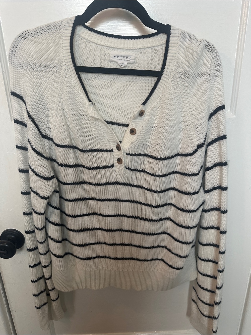 Velvet by Graham & Spencer Ivory Knit Henley Sweater with Black Stripes